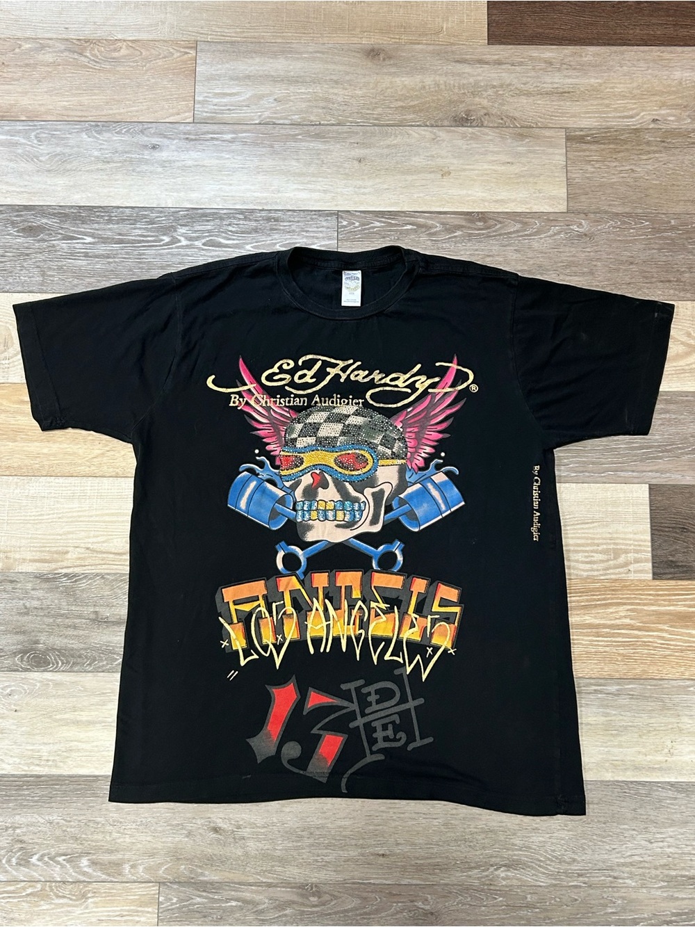 Ed Hardy Black Tee with Multicolor Skull and Wings Graphic
